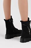 Tonny Black Kadın Siyah Süet Poli Taban Fermuar Detaylı Rahat Kalıp Bağcıklı Bot