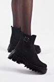 Tonny Black Kadın Siyah Süet Lastikli Tokalı Rahat Kalıp Bot