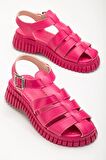 Bilekn Bağlamalı Üç Bantlı Poli Yüksek Taban Kadın Fuşya Sandalet TBACR851