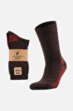 Mısırlı Unisex Alpaka Yünü Havlu Kışlık Kahve/Kırmızı Soket Çorap - M 6005-KK