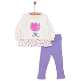HelloBaby Kız Bebek Sweatshirt -Tayt 2li Takım Tulip Modelli Yaka Reçme Paça Uzun Kol Bej