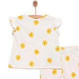 HelloBaby Kız Bebek Bluz-Tayt 2li Takım Sun Flower Bisiklet Yaka Reçme Paça Kısa Kol Ekru