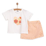 HelloBaby Kız Bebek Tişört-Şort 2li Takım Sweet Peach Bisiklet Yaka Reçme Paça Kısa Kol Ekru