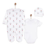 HelloBaby Yenidoğan Unisex Bebek Tulum-Body-Bere 3lü Takım İnterlok Çıtçıtlı Yaka Uzun Kol Ekru