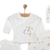 Tiffany Yenidoğan Kız Bebek Prematüre Set İnterlok Kuş Desenli Zarf Yaka Uzun Kol Ekru