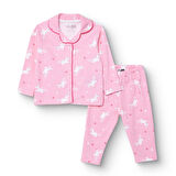 HelloBaby Kız Bebek Uzun Kol Pijama Takımı İnterlok Gömlek Yaka Uzun Kol Reçme Paça