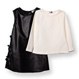 HelloBaby Kız Bebek Chic Elbise Tshirt Suni Deri Bisiklet Yaka Uzun Kol