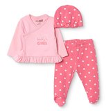 HelloBaby Kız Bebek Zıbın-Şapka-Alt Kalp Baskılı Çıtçıtlı V Yaka Long Sleeve Patikli
