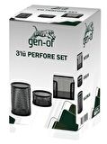 Gen-Of Perfore 3 Lü Metal Masa Üstü Seti Siyah(Kalemlik + Küpnotluk + Ataşlık)