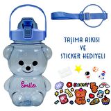 BottleBoss Pipetli Taşıma Askılı Gülümseyen Ayıcık Matara 1,5 Litre Sticker HEDİYELİ Mavi