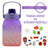 BottleBoss Kare Spor Model Taşıma Askılı Pipetli Motivasyon Matarası 1,5 Litre Sticker HEDİYELİ Mor