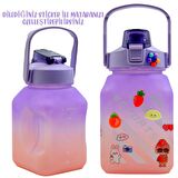 BottleBoss Kare Spor Model Taşıma Askılı Pipetli Motivasyon Matarası 1,5 Litre Sticker HEDİYELİ Mor