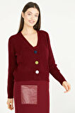 Renkli Düğmeli Triko Hırka  - Bordo