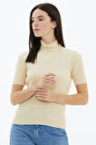 Tam Balıkçı Yaka Kısa Kollu Triko Kazak  - Krem