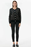 İnci Düğmeli Çiçek Desenli Triko Hırka  - Siyah
