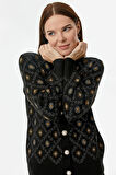 İnci Düğmeli Çiçek Desenli Triko Hırka  - Siyah
