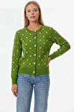 İnci Düğmeli Çiçek Desenli Triko Hırka  - Yeşil