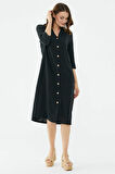 Rahat Kalıp Midi Boy Düğmeli Elbise  - Siyah