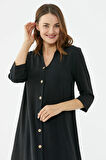 Rahat Kalıp Midi Boy Düğmeli Elbise  - Siyah
