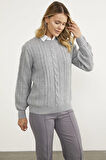 Saç Örgü Sıfır Yaka Triko Kazak - Gri