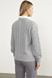 Saç Örgü Sıfır Yaka Triko Kazak - Gri