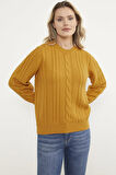 Saç Örgü Sıfır Yaka Triko Kazak - Güneş