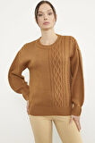 Prenses Kol Örgü Detaylı Triko Kazak - Kamel