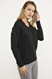 Saç Örgülü V Yaka Triko Kazak - Siyah