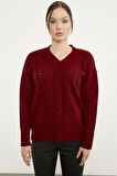 Saç Örgülü V Yaka Triko Kazak - Kırmızı