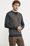 Regular Fit Jakarlı Yünlü Triko Kazak - Antrasit