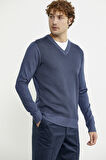 Regular Fit Jakarlı Yünlü Triko Kazak - Indigo