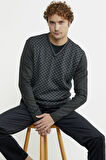 Kare Desenli Yünlü Jakarlı Triko Kazak - Antrasit