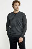 Kare Desenli Yünlü Jakarlı Triko Kazak - Antrasit