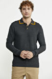 Polo Yaka Düğmeli Triko Kazak - Antrasit