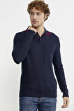Polo Yaka Düğmeli Triko Kazak - Lacivert