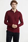 Polo Yaka Düğmeli Triko Kazak - Bordo