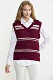 Çizgili V Yaka Yünlü Triko Süveter - Bordo