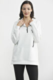 Yarım Fermuarlı Kapüşonlu Sweatshirt - Ekru