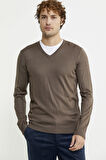 Erkek V Yaka Basic Triko Kazak - Vizon