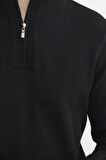 Yarım Fermuarlı Dik Yaka Triko Kazak - Siyah