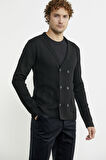 Kruvaze Düğmeli Yünlü Triko Ceket - Siyah
