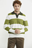 Çizgili Polo Yaka Yünlü  Triko Kazak - Yeşil