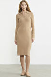 Patlı Polo Yaka Basic Triko Elbise - Bej