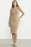 Patlı Polo Yaka Basic Triko Elbise - Bej