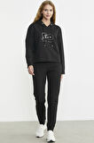 Baskı Detaylı Kapüşonlu Eşofman Takım - Siyah