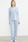Fitilli Yaka Detaylı Pijama Takım - Mavi