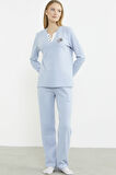 Fitilli Yaka Detaylı Pijama Takım - Mavi