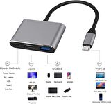 Coverzone Type-c 3in1 Hdmi 4K Usb 3.0 Görüntü Veri Aktarımı Sağlar Usb Adaptör Notebook ve Macbook ile Uyumlu TC-23