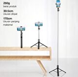 Coverzone Tripod Ve Selfie Çubuğu P170 Bluetooth Uzaktan Kumandalı Cep Telefonu Yüksekliği Ayarlanabilir Masaüstü Portatif Taşınabilir İç ve Dış Mekan Evde Tatilde Kampda Kullanıma Uygun Tripod