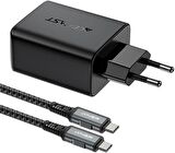 ACEFAST Duvar Şarj Cihazı Akıllı Şarj Cihazı Type-C to Type-C Şarj Kablo USB-C - 60W + USB-A - 5W + Medya Bağlantı Noktası 4K / 60Hz GaN PD65W EU A17 Siyah Renk